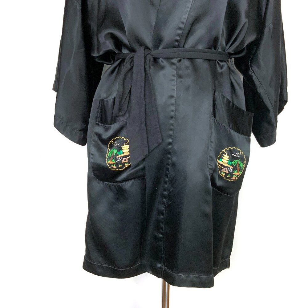Vintage Longevity Black Satin Rayon Hand Embroidered Kimono Robe Sz M - Picture 11 of 16